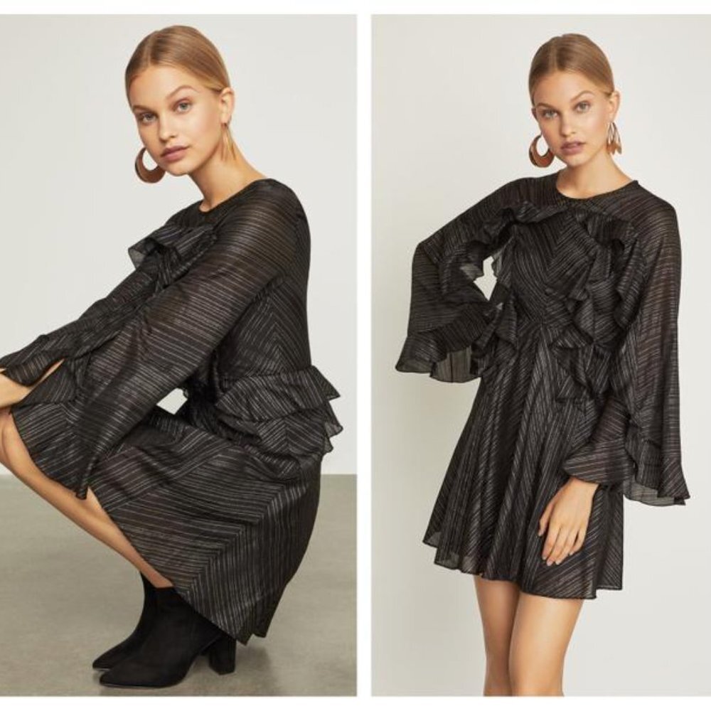 BCBGMAXAZRIA Black Metallic Ruffle Night Out Dress